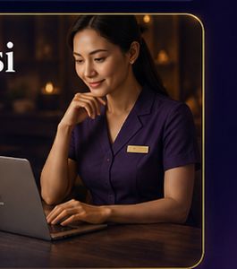 Staf spa tersenyum sambil membuka TheraHub di laptop