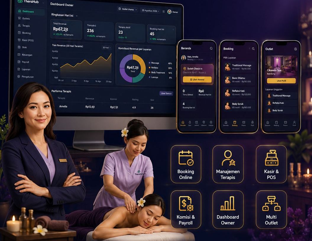 Dashboard Owner TheraHub di monitor beserta aplikasi terapis dan customer di ponsel, dengan suasana outlet spa